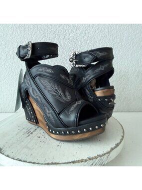 Lane Lexington Black Leather Western Wedges Sandals Wood Heel Womens Size 8.5